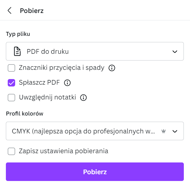 Pobieranie plików przez Canvę do druku