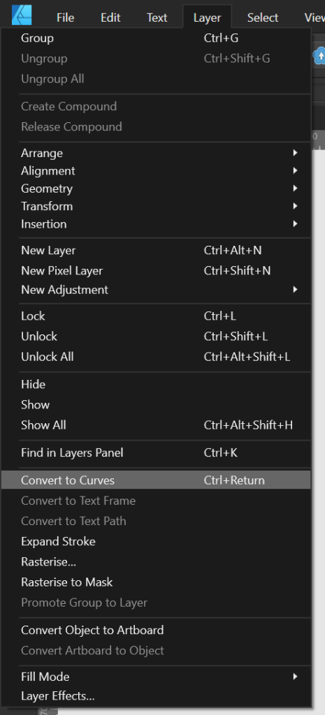 Jak uniknąć błędy drukowania- poradnik zamiana tekstu na krzywe w Affinity Designer